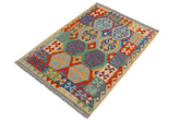 Flat Weave Kilim Antique Navaho Vintage handmade Geometric Kilim Rust Gold Hand-Woven Rectangle 100% Wool Area Rug 3x5